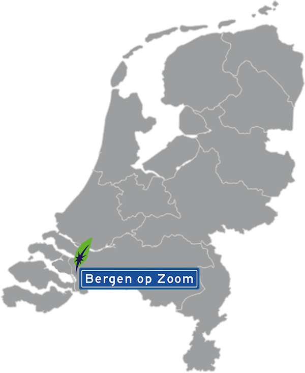 Grijze kaart van Nederland met Bergen op Zoom aangegeven voor maatwerk taalcursus Duits zakelijk - blauw plaatsnaambord met witte letters en Dagnall veer - transparante achtergrond - 600 * 733 pixels